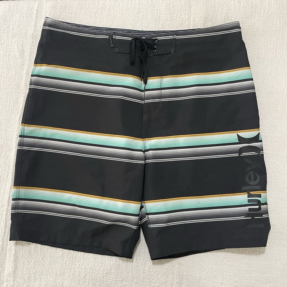 Hurley Black White Blue Striped Beach Surf Swim Trunks Board Shorts Men's 34